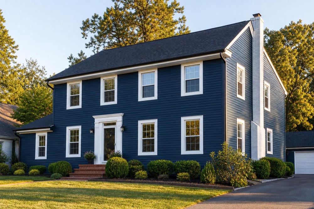 Completed blue insulated siding replacement with white trim