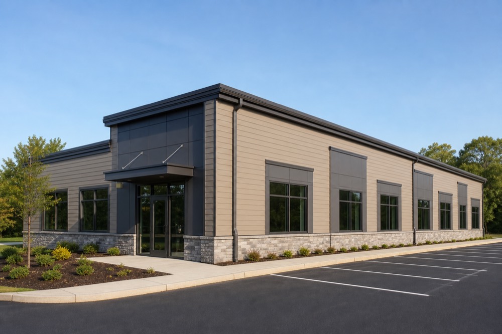 Completed fiber cement siding on a commercial office building